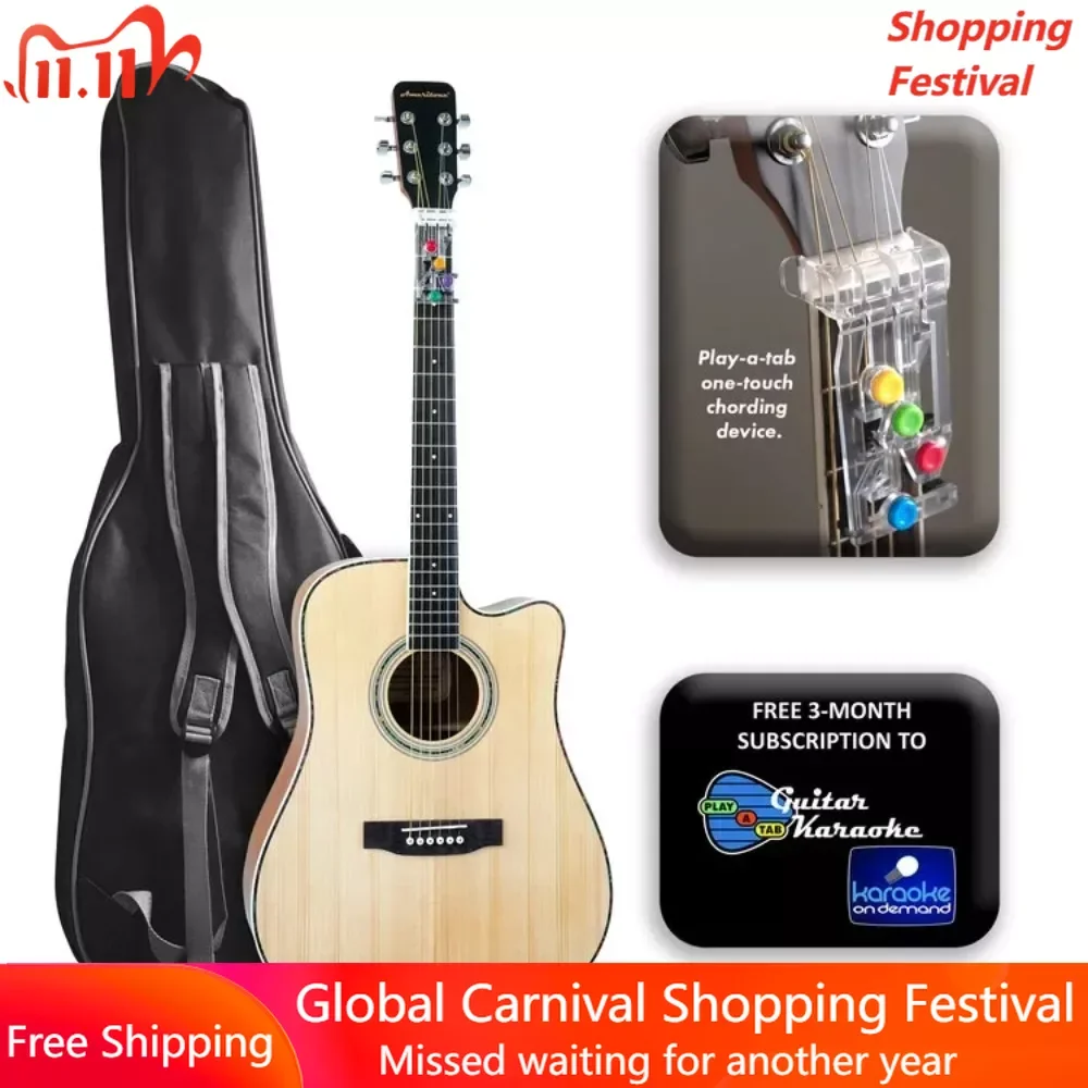 

“Learn to Play” Full Size 41" Natural Finish Cutaway Dreadnought Acoustic Guitar With Play-A-Tab System Padded Bag Guitars