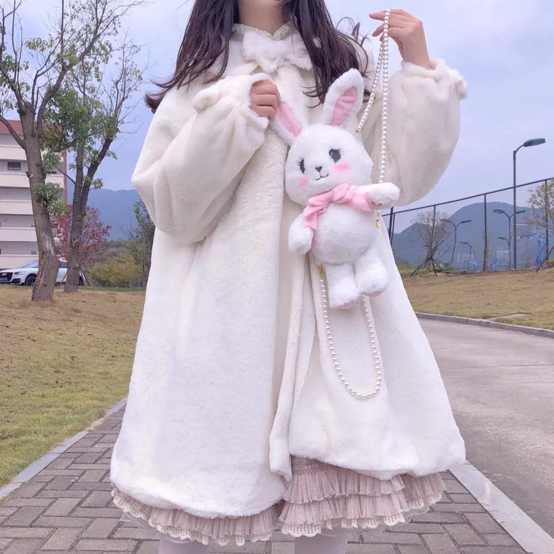 Japanese Girl Fleece-Lined Thickened Fur Coat Women Cute 2022 Autumn and Winter New Lolita Rabbit Ears Lolita White Plush Coats