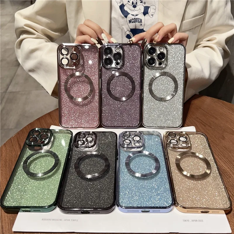 

14 Pro Case Luxury Magnetic Glitter Shinny Electroplated Funda for Magsafe iPhone 13 Pro Max 11 12 Wireless Charging Phone Cover