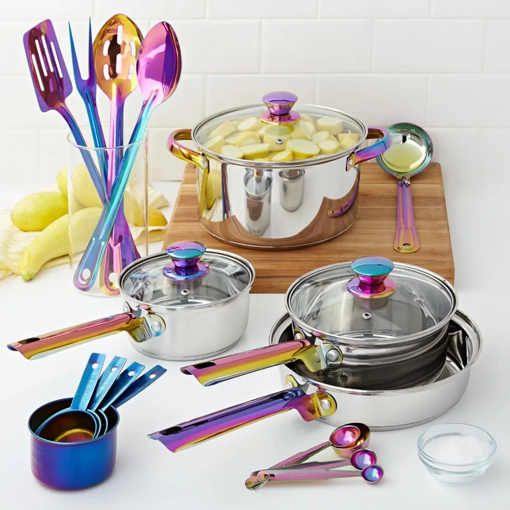 

Kitchen Cookware Set Iridescent Stainless Steel 20-Piece Cookware Set Free Shipping With Kitchen Utensils and Tools Accessories