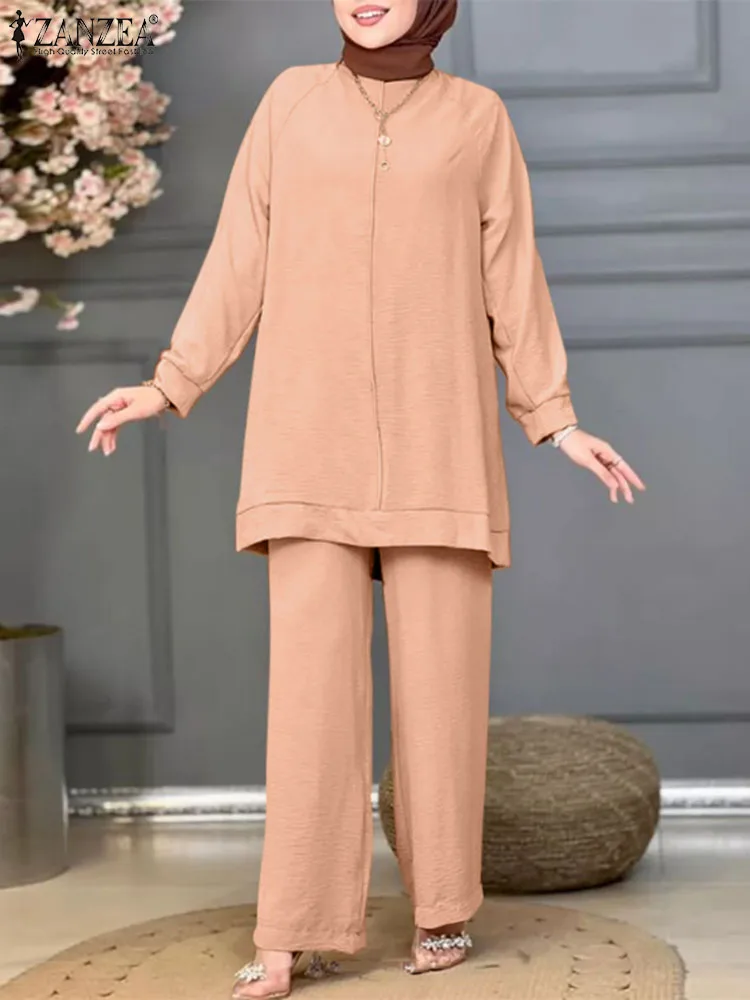 

Элегантные женские осенние комплекты ZANZEA, мусульманская блузка с длинным рукавом, широкие брюки, костюм, однотонная абайя, Турецкая блузка, мусульманская одежда