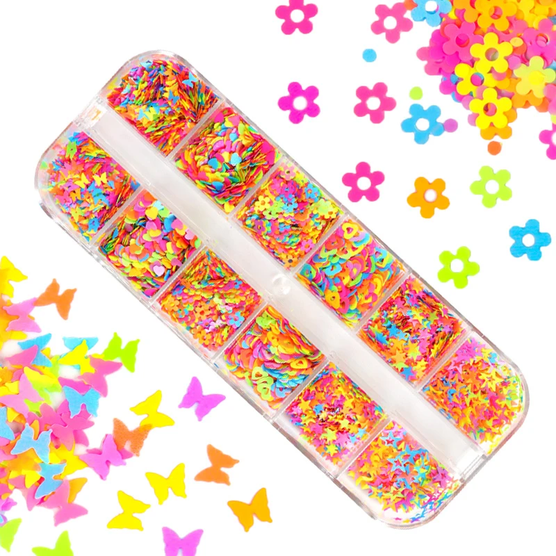 

Неоновые блестящие хлопья в форме сердца в форме бабочки, смешанных цветов, 1 комплект, дизайн для маникюра, украшения для ногтей, художестве...