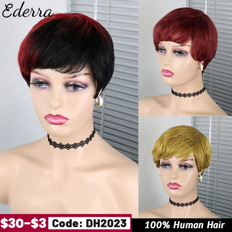 

Short Pixie Cut Wig Brazilian Cheap Human Hair Wigs With Bangs For Black Women Full Machine Made Glueless Short Wig With Bangs
