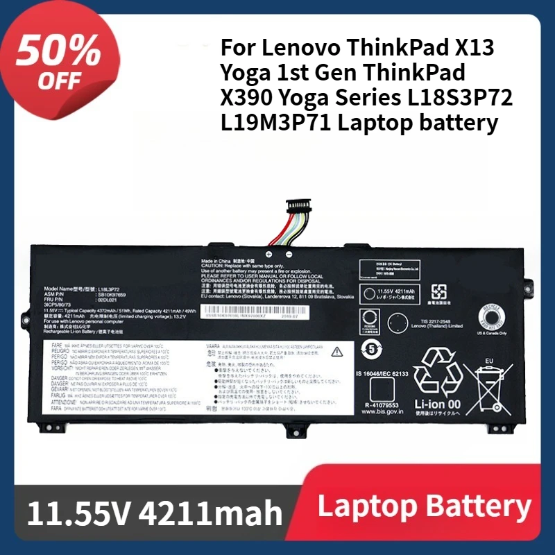 Фото L18L3P72 L18M3P72 аккумулятор для Lenovo ThinkPad X13 Yoga 1st Gen ThinkPad X390 Yoga Series L18S3P72 L19M3P71 аккумулятор 11,55V4211mah №1