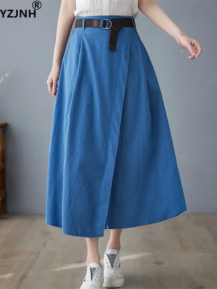 

Женская джинсовая юбка трапециевидной формы YZJNH с высокой талией и поясом на резинке, новинка весны-лета 2023