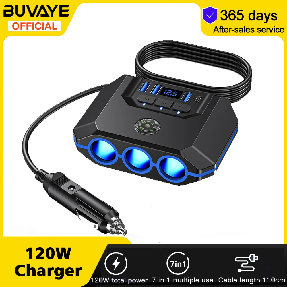 

BUVAYE 120W Car Cigarette Lighter Adapter USB Fast Charger Splitter Multination Socket Ports LED Voltmeter Auto Accessories