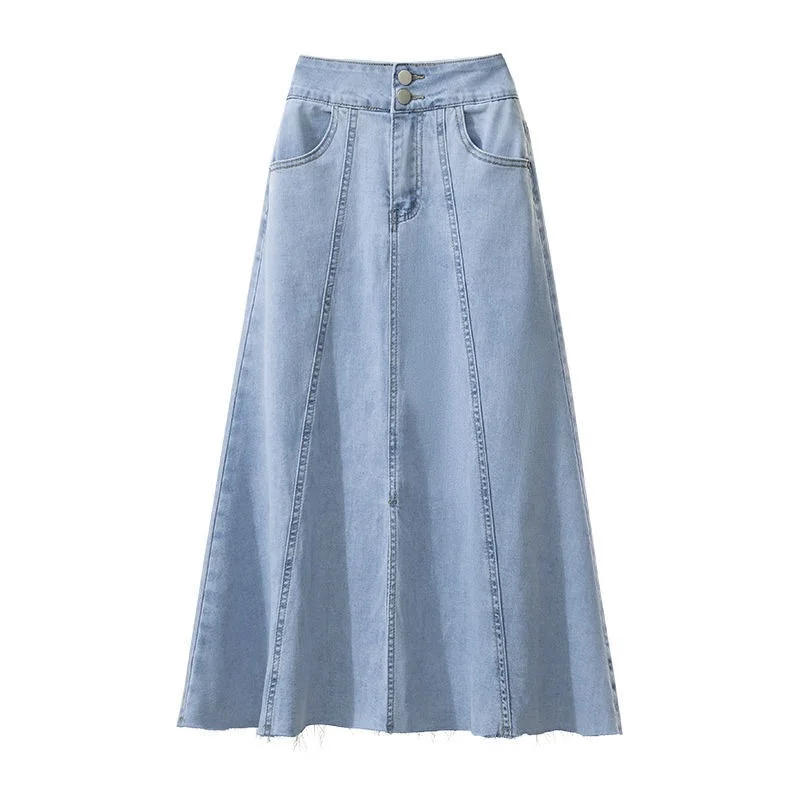 Harajuku Maxi Long Midi Faldas Largas Mujer Retro High Waist A Line Ladies Korean Preppy Style Solid Blue Denim Elegant Skirt images - 6