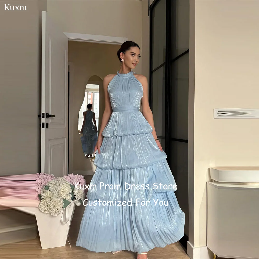 Фото Вечерние платья Kuxm Sky Blue A-Line для женщин, многоярусные, элегантные, с вырезом халтер, без рукавов, в пол, для выпускного вечера, на заказ №1