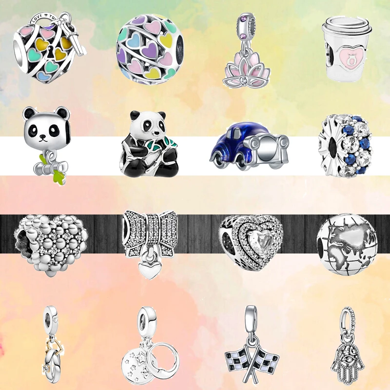 

New Blue Car Banner Panda Sparkling Heart-Shaped Charm Beads Fit Original Pandora Silver Color Bracelet Beads DIY Women Jewelry