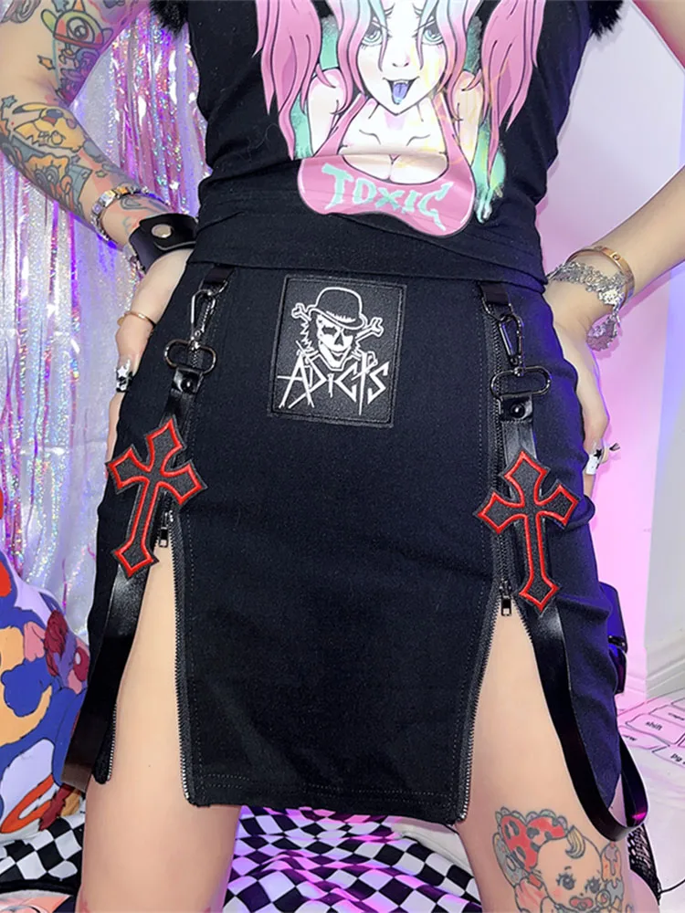 

Goth Dark Mall Gothic Zip Split Sexy Women Mini Skirts Grunge Strap Black High Waist Pencil Skirt Punk E-girl Alt Party Clubwear
