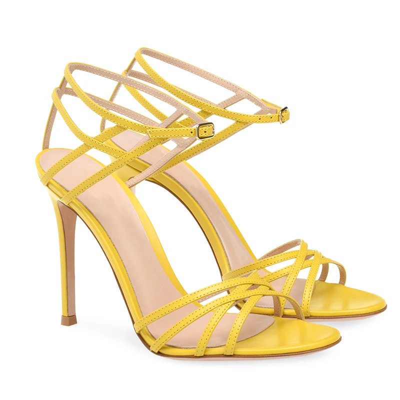 Yellow Patent Leather Women Summer Sandals 2022 Stilettos Party High Heels Round Toe Sexy Black Heeled Shoes Ankle Strap Heels