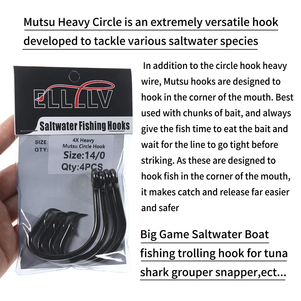 Elllv 4X Heavy Mutsu Circle Super Strong Saltwater Boat Fishing Trolling Hook Offset 5/0 - 16/0 for Grouper Snapper Tuna Shark images - 6
