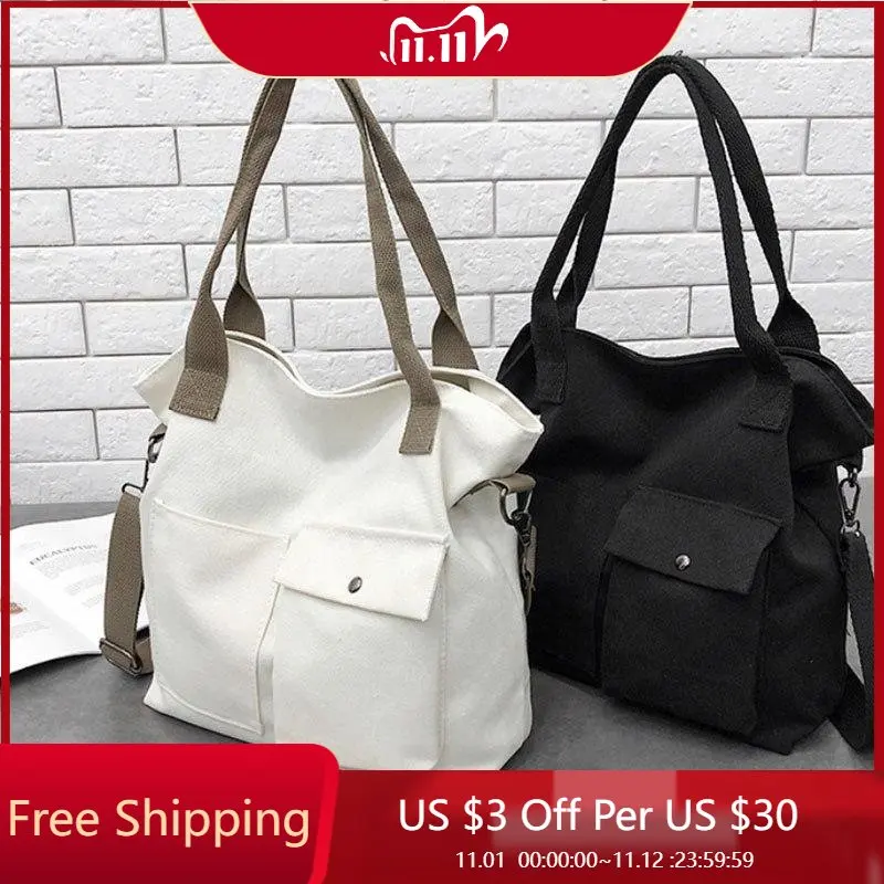 

Women Casual Large Capacity Shopping Bags Solid Color Canvas Retro Ladies Portable Eco Tote Bags