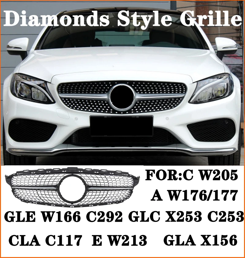 

Diamond Style Front Grille Grill Black For Mercedes Benz C W205 CLA C117 A W176 W177 GLA X156 GLC C X253 E W213 GLE W166 C292