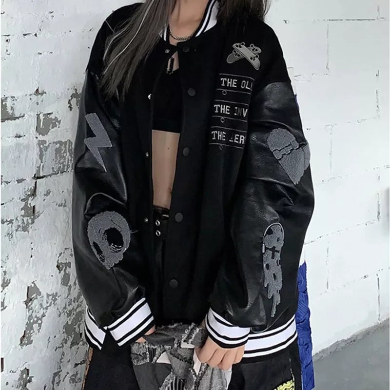 

Splicing leather Bomber Jackets Women Coat Couple Baseball Jacket 2021 Autumn Unisex Boyfriend Style Varsity Hiphop Streetwear