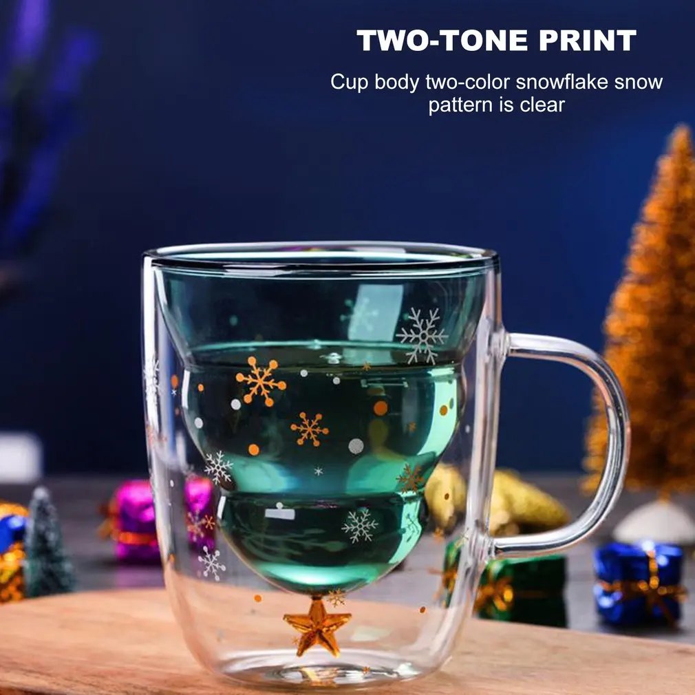 Christmas Double Layer Glass Cup Thicken Xmas Tree snowflake Shape 3D Transparent Coffee Mug Juice Cup Children's Christmas Gift