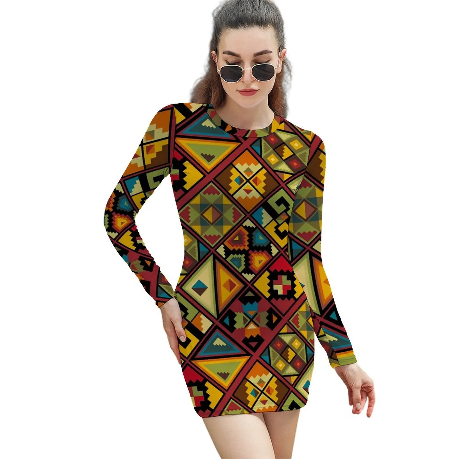 

Женское облегающее платье с длинным рукавом, разноцветное платье с геометрическим принтом, большие размеры