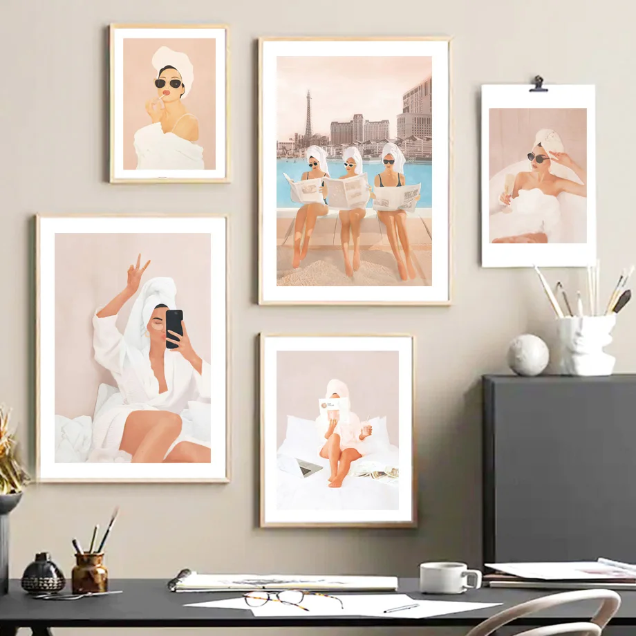

Fashion Woman Champagne Bathroom Boho Posters And Prints Pictures Wall Art Canvas Painting Modern Nordic Decor For Living Room