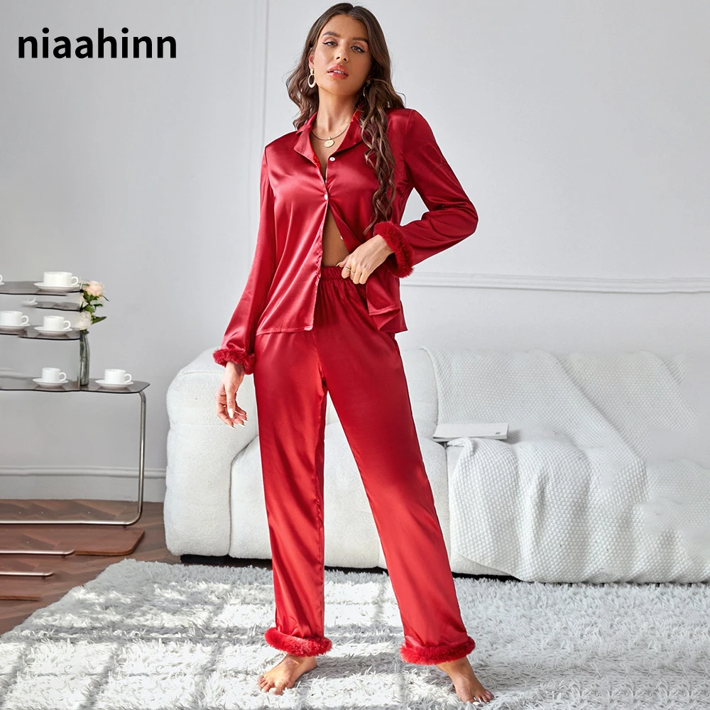 

Solid Pajamas 2 Piece Set Plush Wrist Sleep Tops Satin Pants Loose Pajamas Casual Sleepwear Female Home Long Sleeve Trousers Set