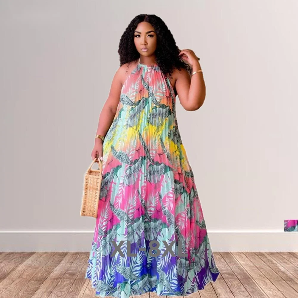 Plus Size Party Dress Sexy Hang a Neck Backless Printing Swing Elegant Summer Maxi Dresses Wholes 3xl 4xl 5xl 6xl