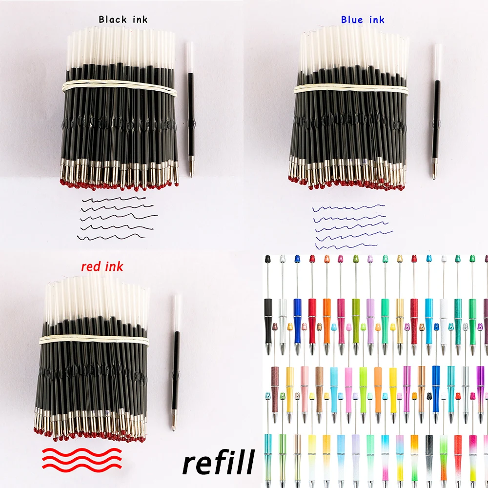 

200-1000pcs Beaded Ballpoint Pen Ink Refills Bead Pen Refill Black/Blue Ink Plastic Beadable Writing Pen School Office Supplies