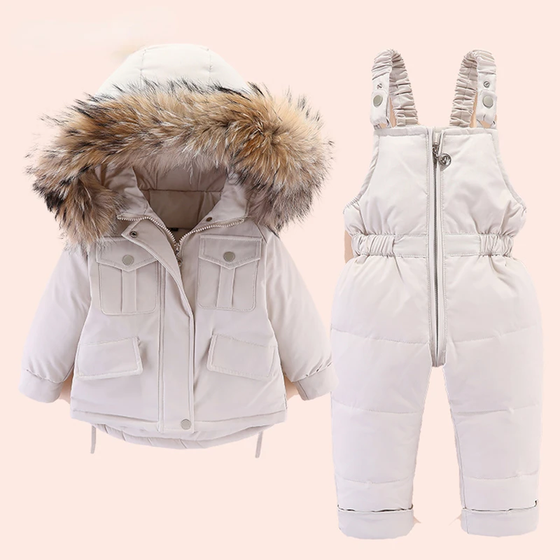 2023 Winter Baby Boys Down Jacket + Jumpsuit 2pcs Set for Toddler Girls Thicken Warm Fur Collar Jacket Infant Snowsuit 0-4 Year