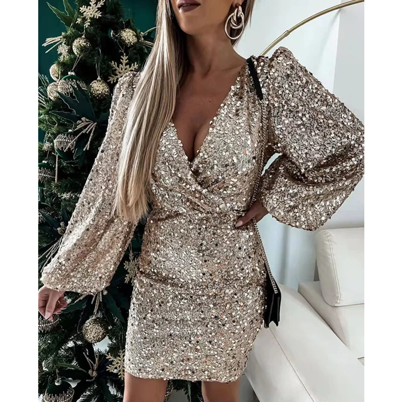 

Mandylandy женское элегантное вечернее платье с блестками Женская мода с пышными рукавами V-образным вырезом корсет с высокой талией вечернее об...