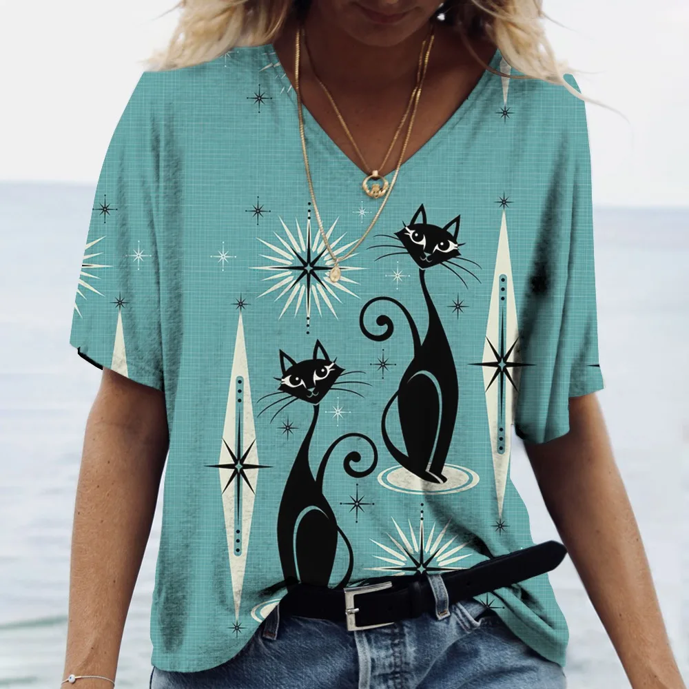 

Fashion Summer Painting Cat 3D Print T-shirts Streetwear Women Retro V Neck T Shirt Woman Oversized Y2k Tops Girls Tees Clothing