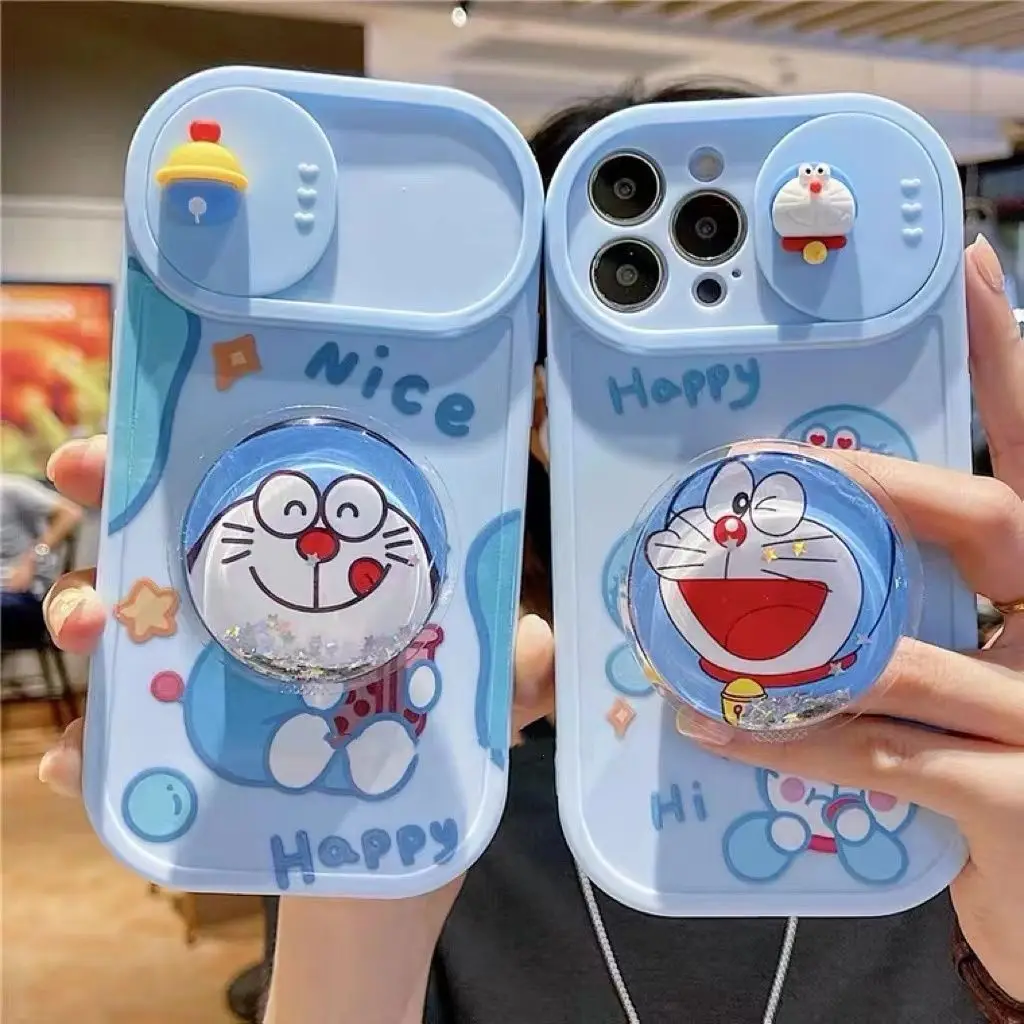 Kawaii Doraemon Push-pull Lens with steady Phone Cases For iPhone 14 13 12 11 Pro Max Shockproof Soft Shell Y2k Girl Gift