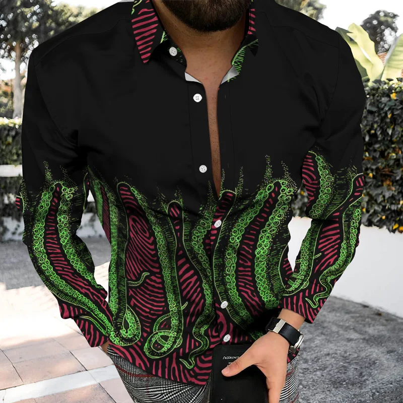 Spring Autumn New Fashion Luxury Men's Shirts Lapel Button-Up Shirts Casual Octopus Print Long Sleeve Top Men's Party Cardigan