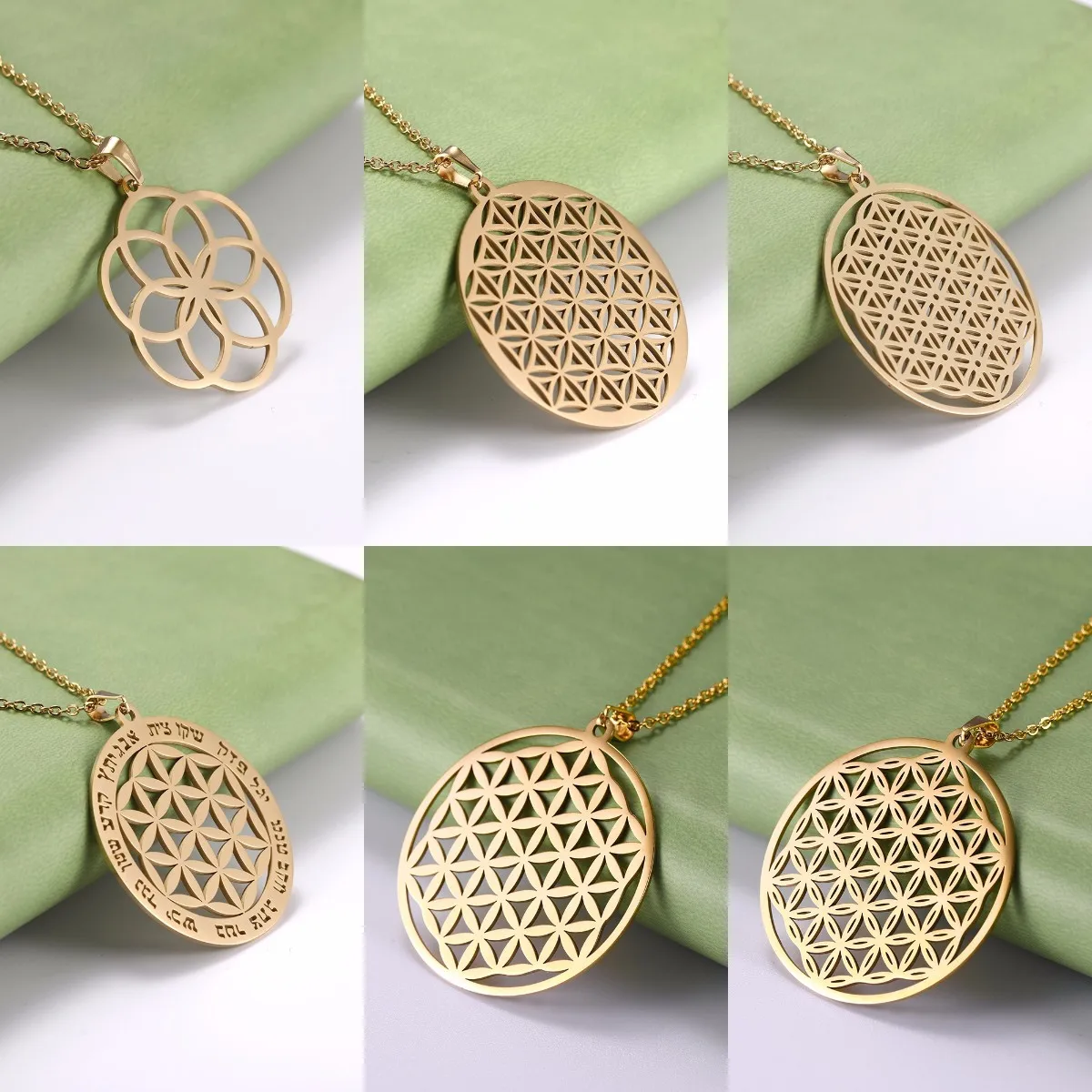 

Gold Plated Flower of Life Pendant Necklace for Women Mandala Chakra Stainless Steel Charms Jewelry Sacred Geometry Amulet Gift