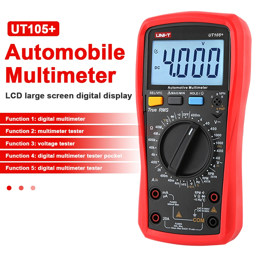 

UNI-T UT105+ Automobile Multimeter Handheld Auto Range Digital Meter LCD Display Voltage Current Frequency Diode Tester