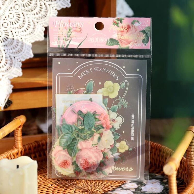 DIY 15 Pcs Light Color Rose Flowers Waterproof Art Life Decorative Stickers Journal Computer Decoration