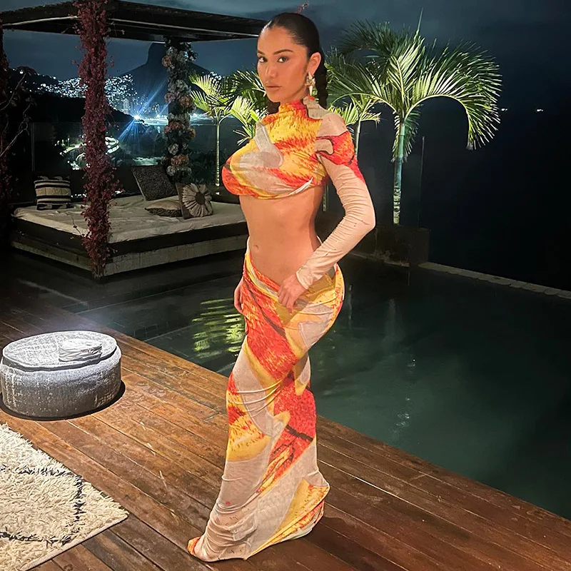 

Сексуальная рубашка + длинное платье с принтом, красочная одежда с высокой талией для женщин, наряд, Женская юбка, спортивный костюм, комплек...