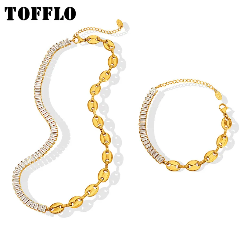 

TOFFLO Stainless Steel Zircon Stitched Pig Nose Necklace Bracelet Women's Fashion Jewelry Set BSP196-E009
