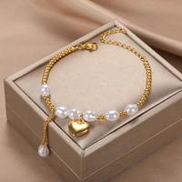fashion pearl pendant bracelet for women stainless steel beaded chain imitation pearl love heart bracelet bangle party jewelry