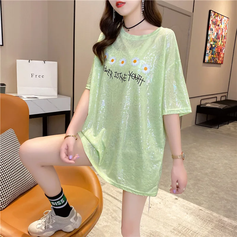 

Neon Clothes Cotton T Shirt Large Size Women Long Tshirt Cute Top Korean Style Flower Print Loose Top Fashion T-shirt Ropa Mujer