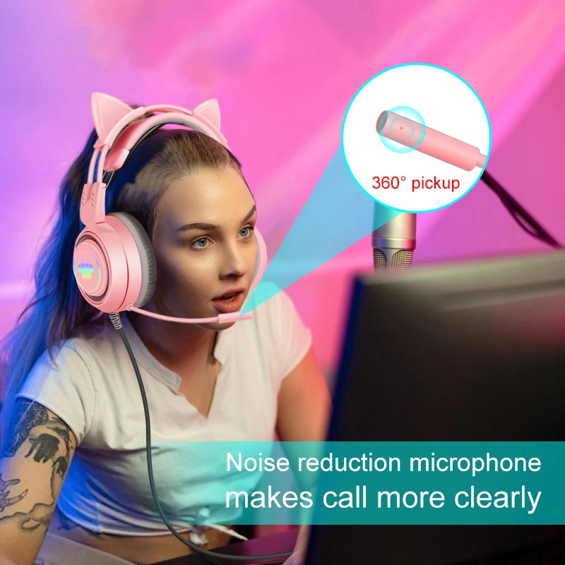 Hi-Fi Стерео Бас наушники игровые для пк ноутбука с ушками микрофоном Розовые милые