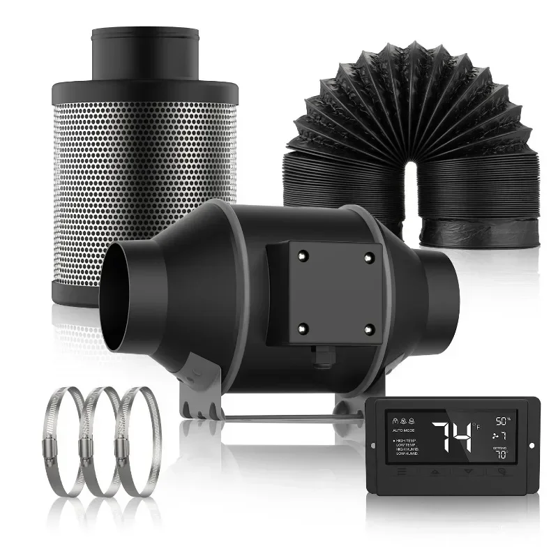 

4" Smart Inline Duct Fan With Humidity Temperature Control Hook Designed Air Carbon Filter With 8 Ft Al Dryer Ducting For Grow