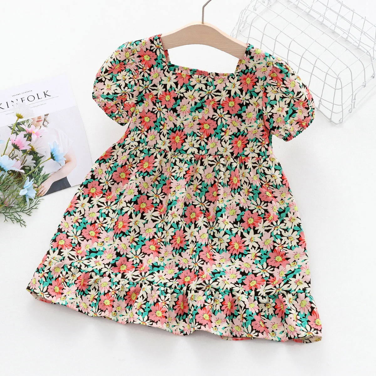 

Детское Хлопковое платье с рукавами-фонариками, с цветочным принтом