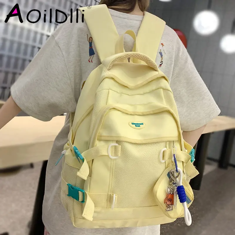 

Fashion Female Yellow Kawaii Mesh Travel Coin Purse College School Backpack Girl Nylon Cool Lady Cute Laptop Net Book Bags Women