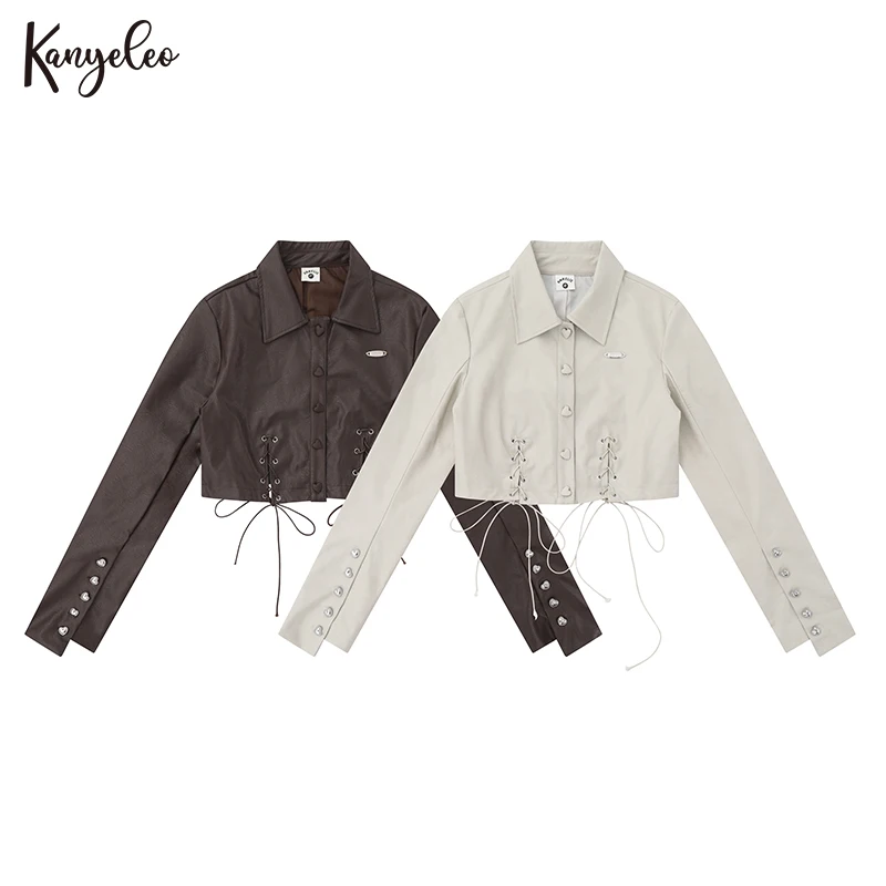 

Женский кожаный кардиган на пуговицах, Короткая Повседневная куртка на завязках, осень 2023