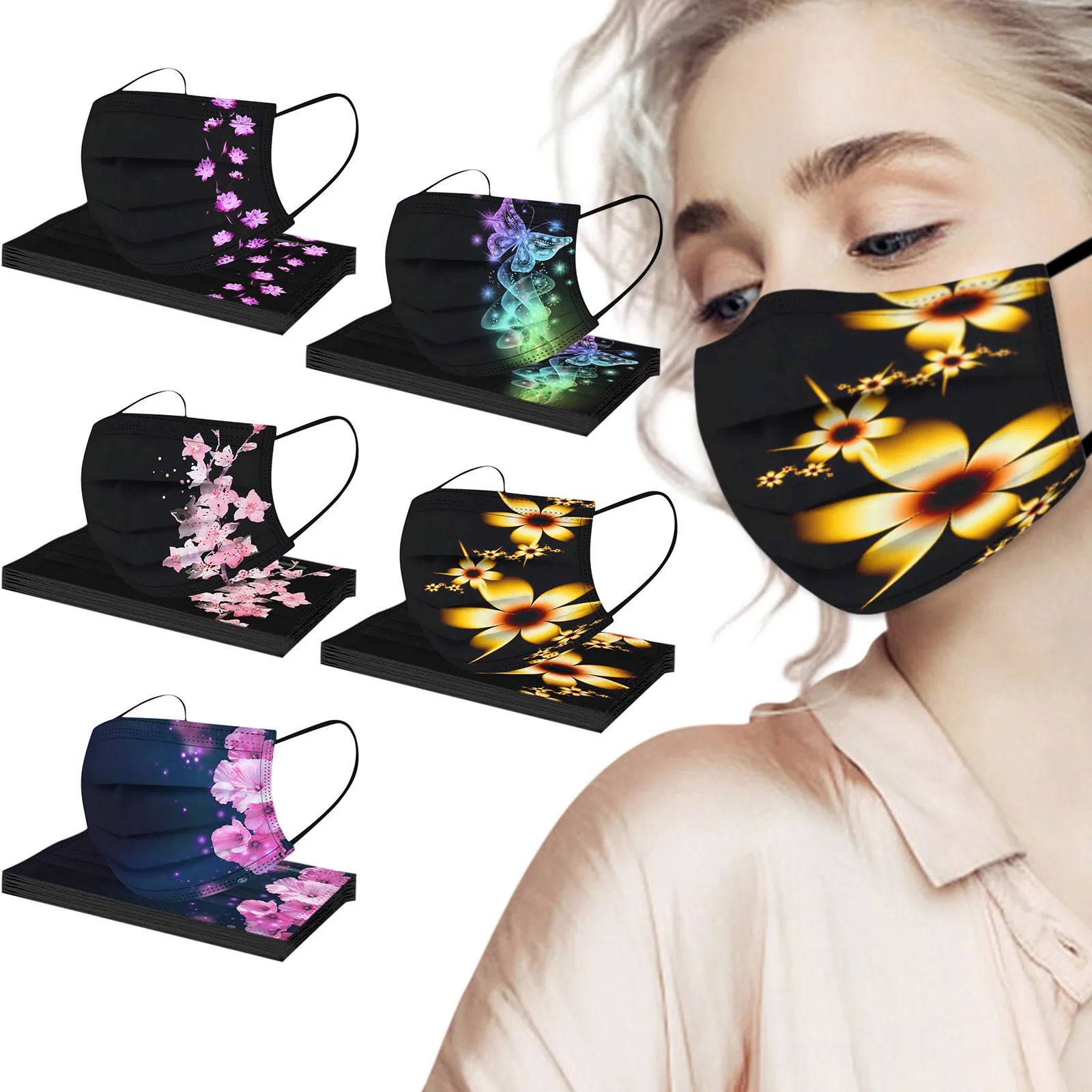 

50PC Adult Flower Prints Disposable Face Masks Man Women Industrial 3Ply Filter Pm2.5 Dustproof Earloop Bandage Facemask