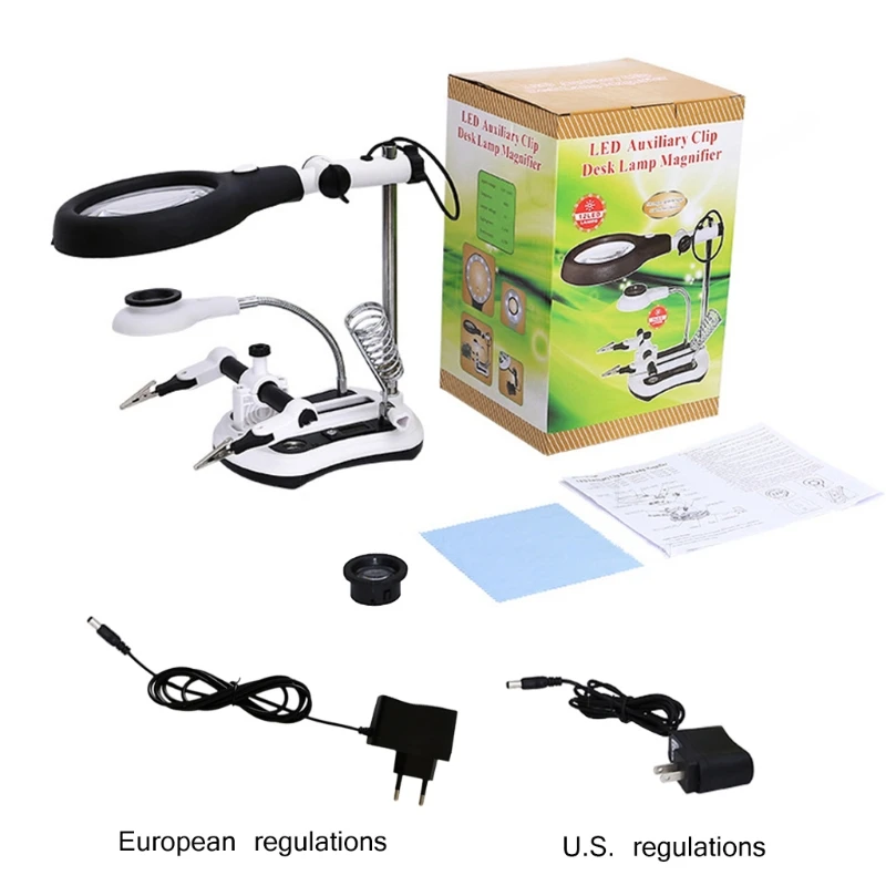 Helping Hands Magnifying Glass with 18 LED Light & Stand 4 Lens Magnifier Soldering Station for w/ Clamp Welding Magnify