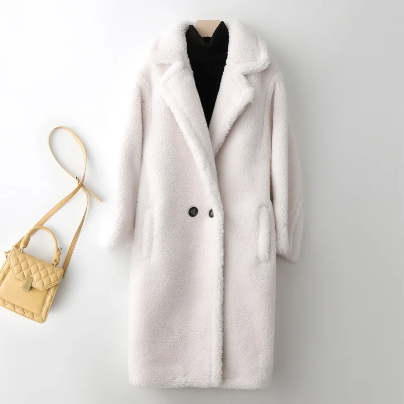 Winter New Cashmere Medium Length Lamb Faux Fur Coat for Women Solid Long Sleeve Faux Fur Coat Women Winter Jacket