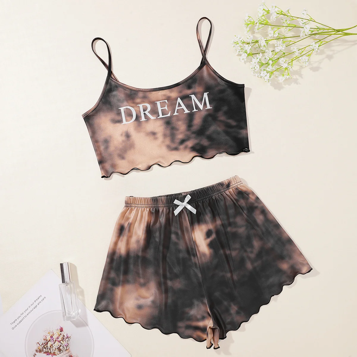 

Personality Fashion Lady's Summer DREAM Print Tie-dye Camisole With Shorts Pajama Set Comfortable Home Wear Sleepwear