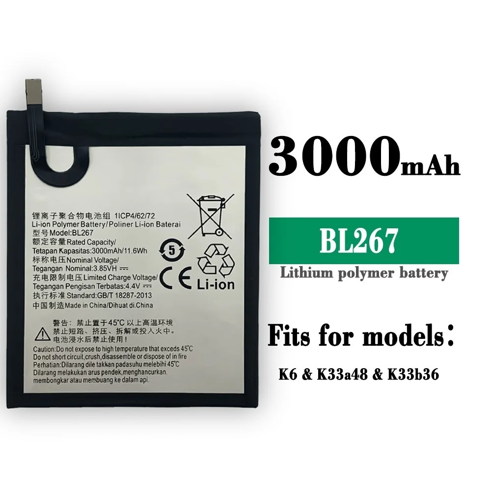 

Original Battery BL267 Battery For Lenovo Vibe K6 K33A48 3000mAh Rechargeable Mobile Phone Battery + Free Tools
