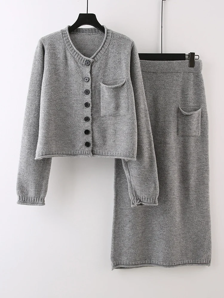 Женский трикотажный однобортный Кардиган с круглым вырезом и юбка