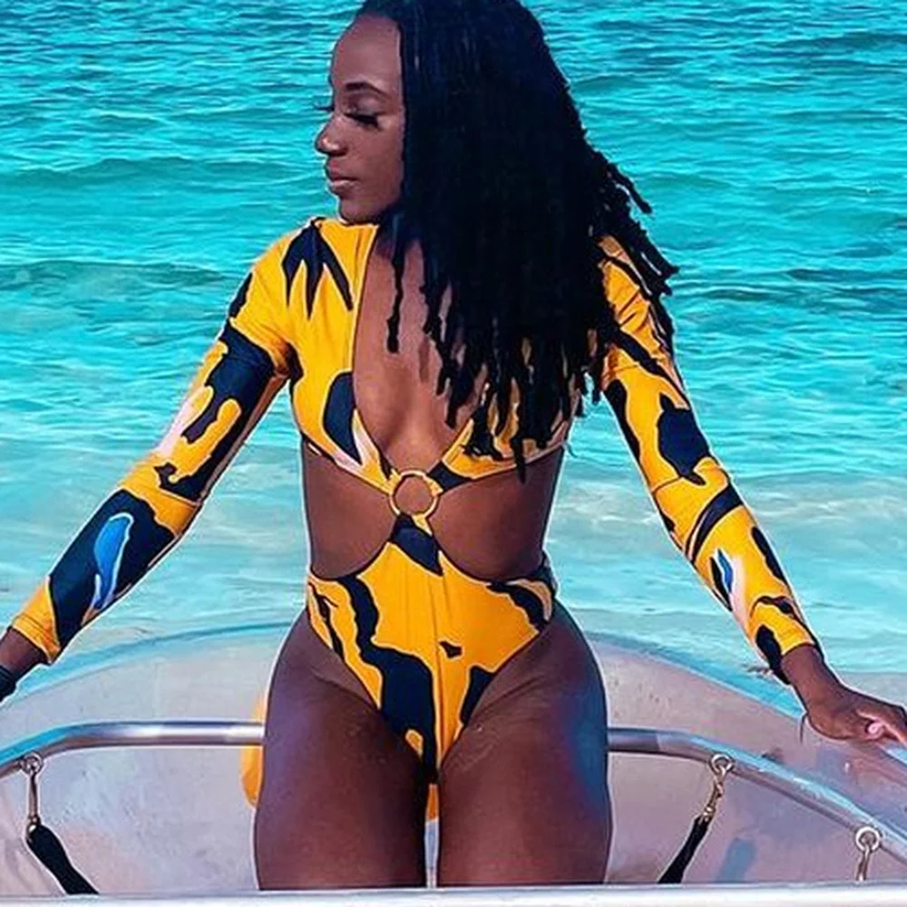 

African Print Long Sleeves Monokini Summer Plunge One Piece Swimsuit Cut Out Bodysuit Ring Bathing Suit Womens Swimwear Maillot