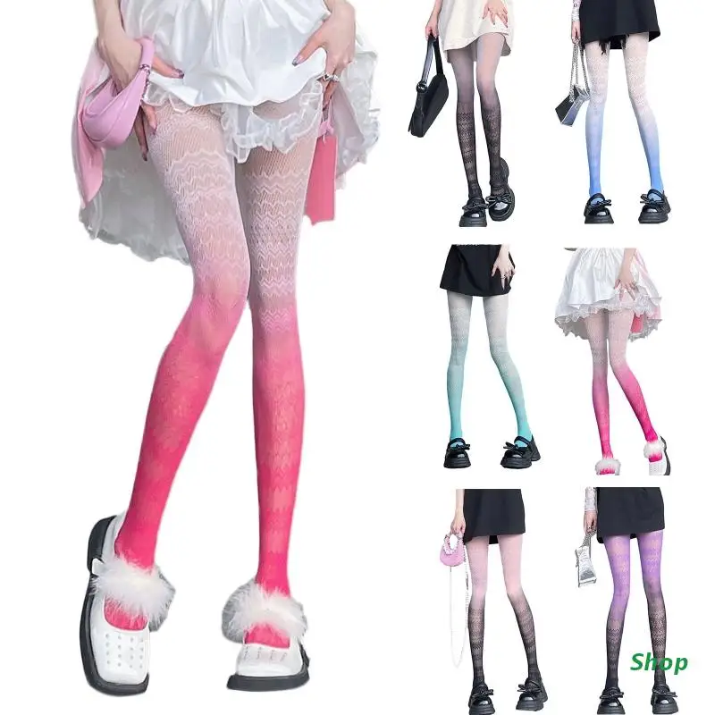 

L5YC Sexy Women's Long Fishnet Body Stockings Gradient Candy Color Fish Net Pantyhose